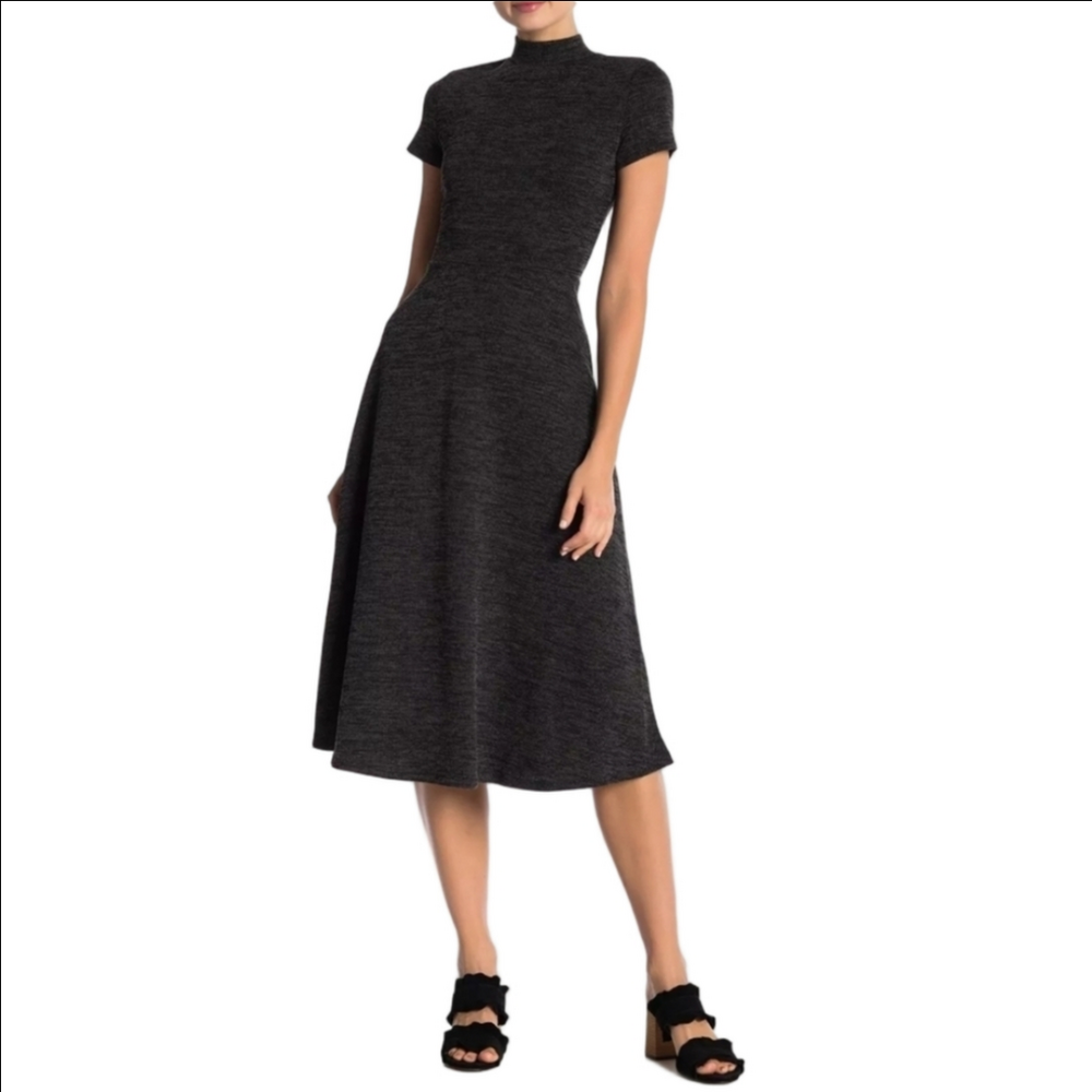 NWT The Vanity Room Charcoal Heather Grey Ribbed Knit Mock Neck Midi Dress